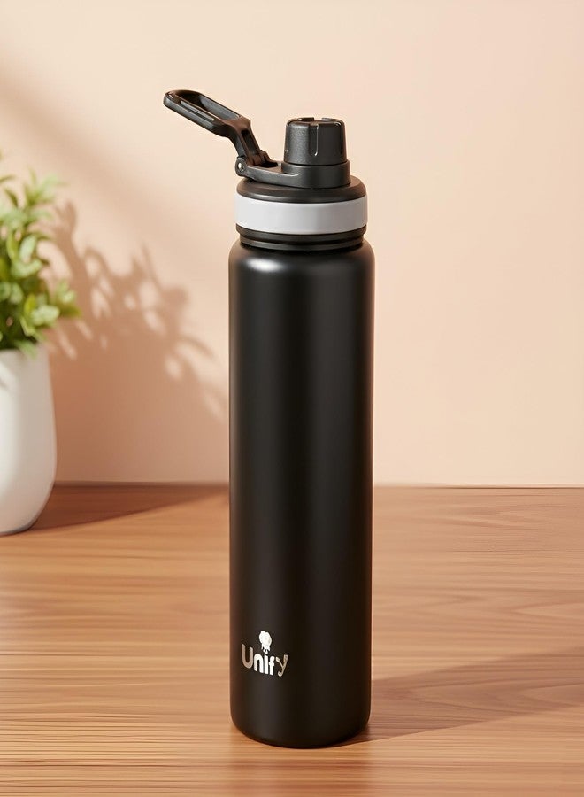 Unify 1 Piece Stainless Steel Sipper Bottle 1000ml | Leak Proof Single Wall Fridge Bottle | Easy to Carry Handle for Gym, Office, School, Travel & Trekking | Slim Design (Black, 25.5cm) - Image 1